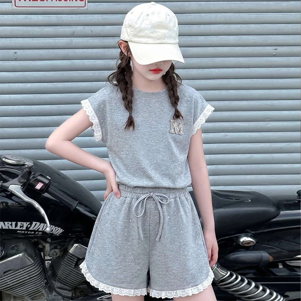 Summer Teen Girls Shining Sport Clothes Set Lace Ruffle Sleeve Sports T-shirt +Cotton Shorts Suit 2pcs junior Child Kids Outfits