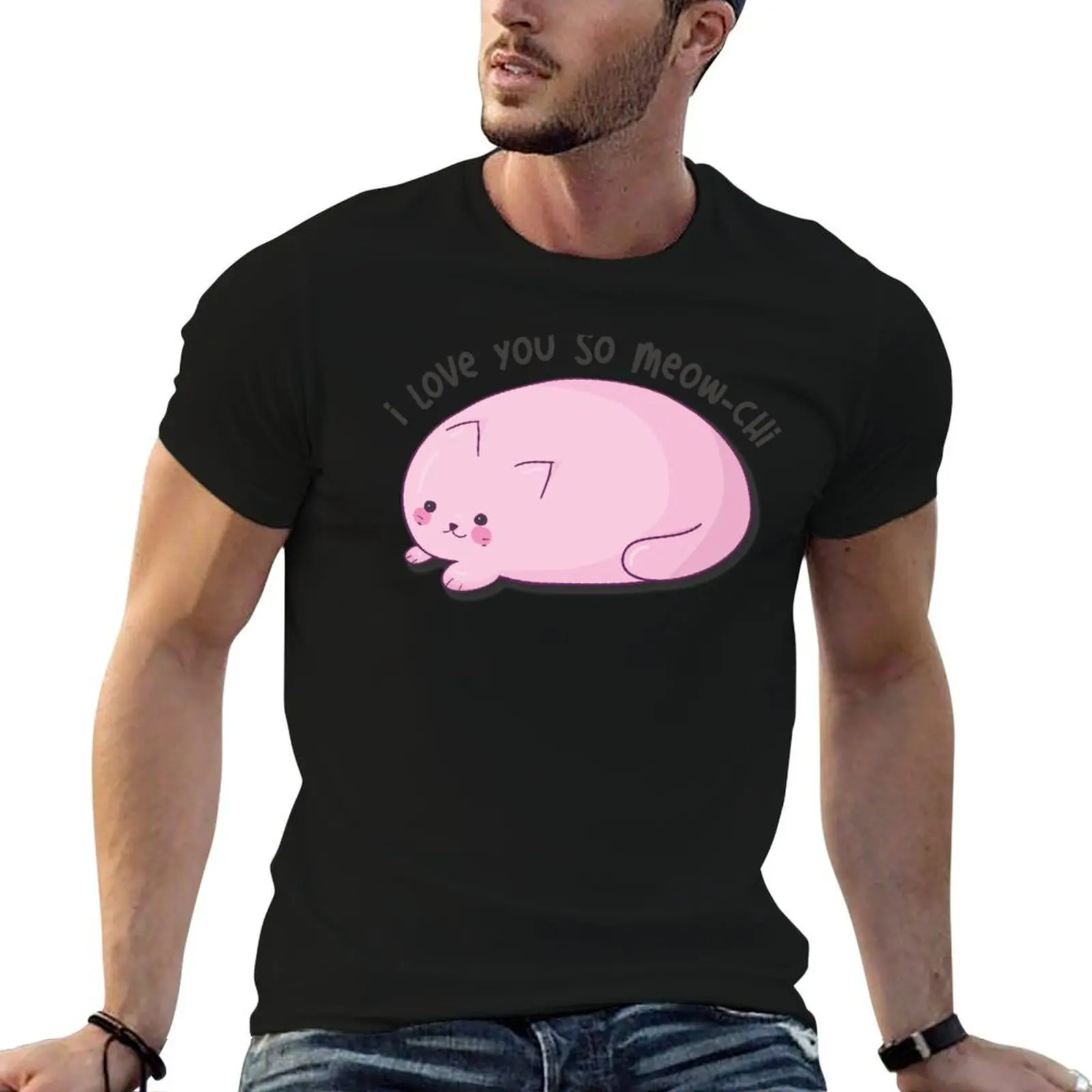 Cute Kawaii Pink Mochi Cat With Text 'I Love You So Meow-chi' Design For Mochi and Cat Lovers T-Shirt