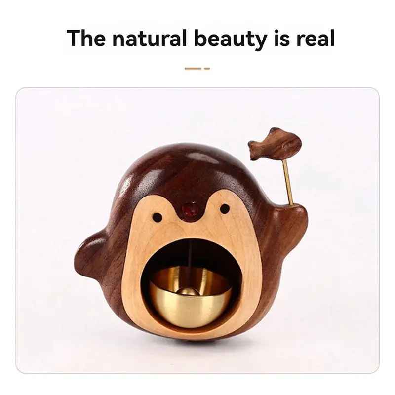 B84B Wooden Doorbell Black Walnut Wind Chime Bronze Bell Penguin Series Home Decoration Gift for Shopkeepers