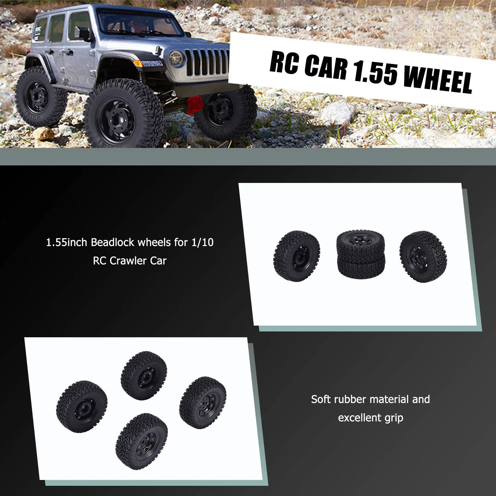 4PCS 1.55 โลหะ Beadlock ล้อยางขอบชุดสําหรับ 1/10 RC Crawler รถ Axial Jr 90069 D90 CC01 LC70 ,2