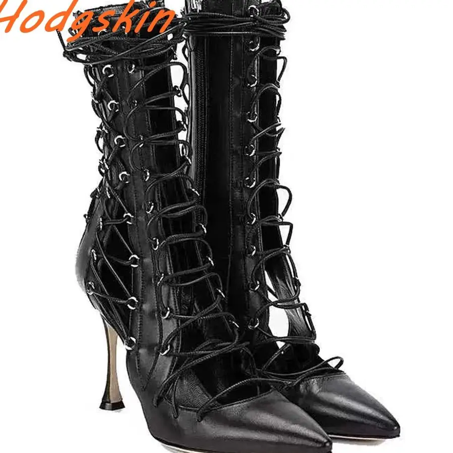 Black Cross Tied Women Boots Pointed Toe Hollow Side Zipper High Thin Heels 2024 Sexy Spice Girl Party Fashion Mid Calf Boots