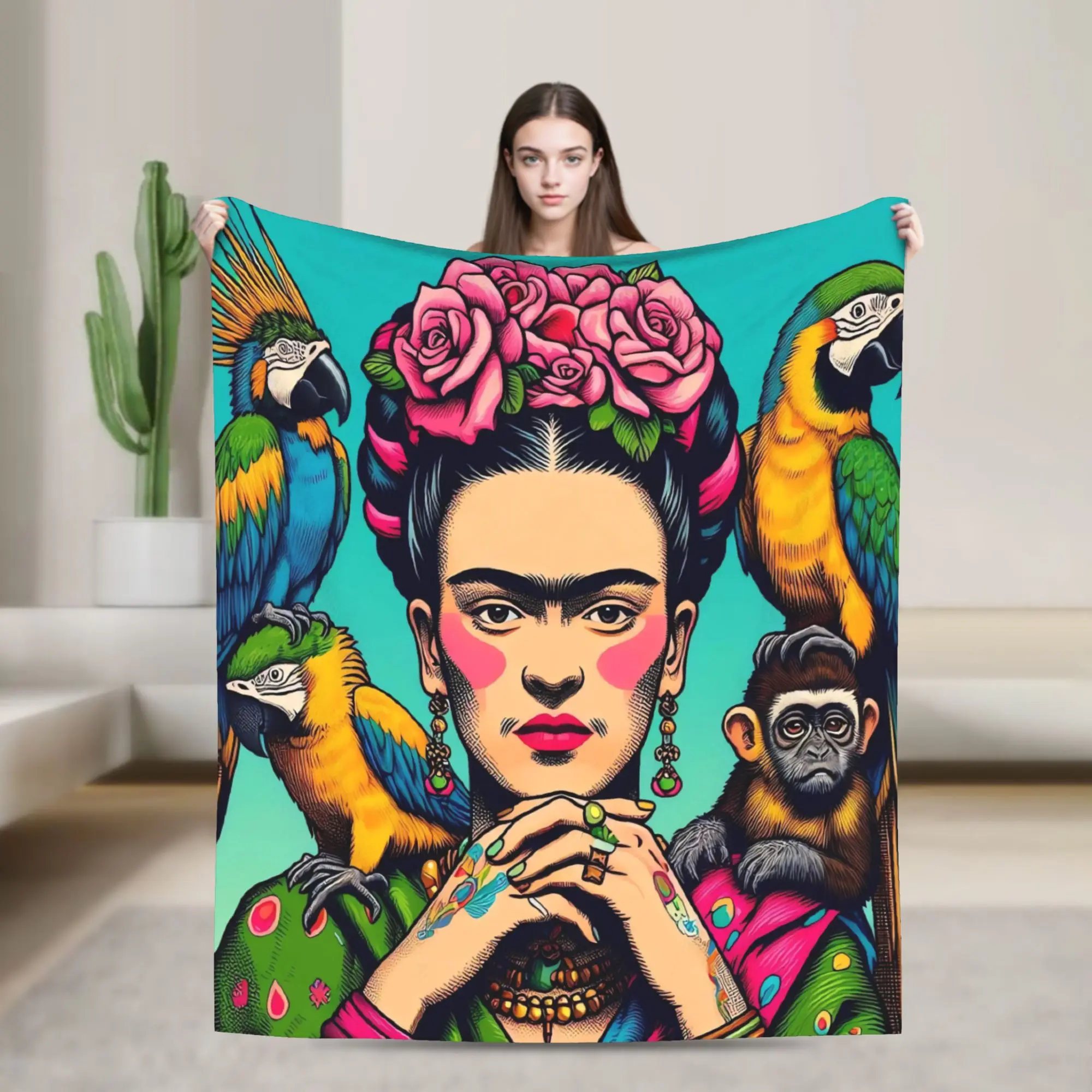 F-Frida K-Kahlo Flower Print Flannel Blanket  Warm Throw Blanket for Living Room Picnic Novelty Bedspread Sofa Bed Cover