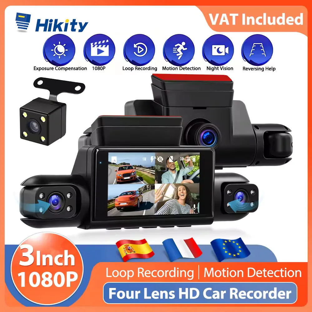 Caméra embarquée Hikity 3 pouces 1080P avec quatre objectifs et Wi-Fi, enregistreur de conduite haute définition avec détection de mouvement et vision nocturne