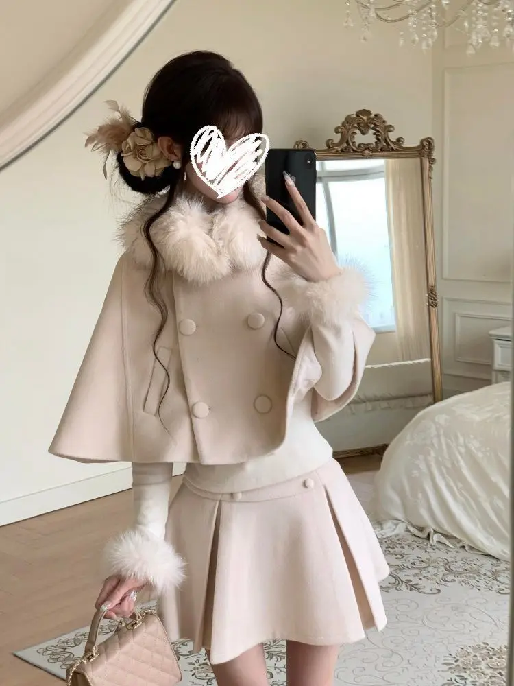 French Style Elegant 3-piece Set Women New Autumn Winter Fur Collar Cape + Wool Sleeve Base Top + Short Skirt Suit Chic Clothes