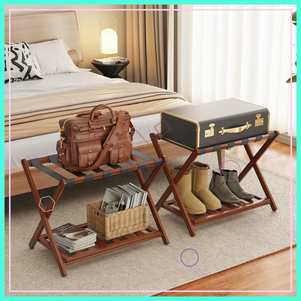 2-Pack Bamboo Luggage Rack with Storage Shelf, Foldable Suitcase Stand for Bedroom and Hotel Use