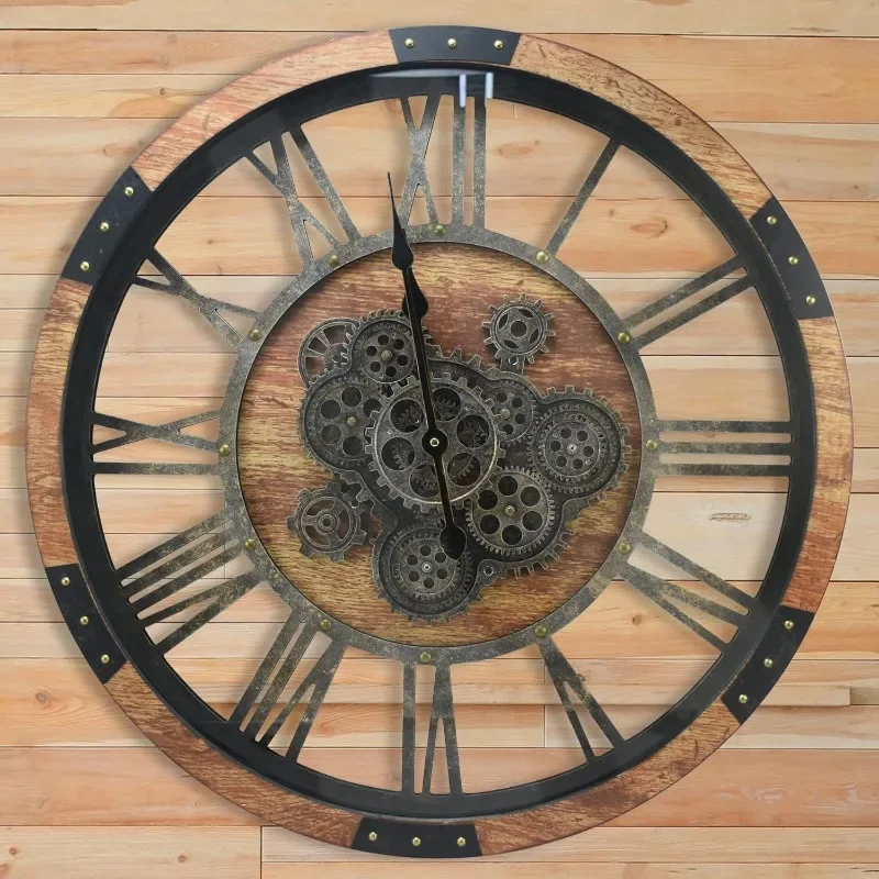 27 inch Large Real Moving Gears Wall Clock with Toughened Glass Cover, Oversized Vintage Solid Wood Farmhouse Clock