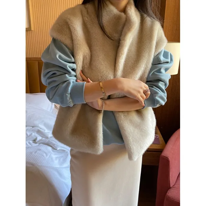 

Faionable Mink Fur Jaet Versatile Water Rabbit Fur Open Cardigan Korean Sle Vest Outerwear for Women