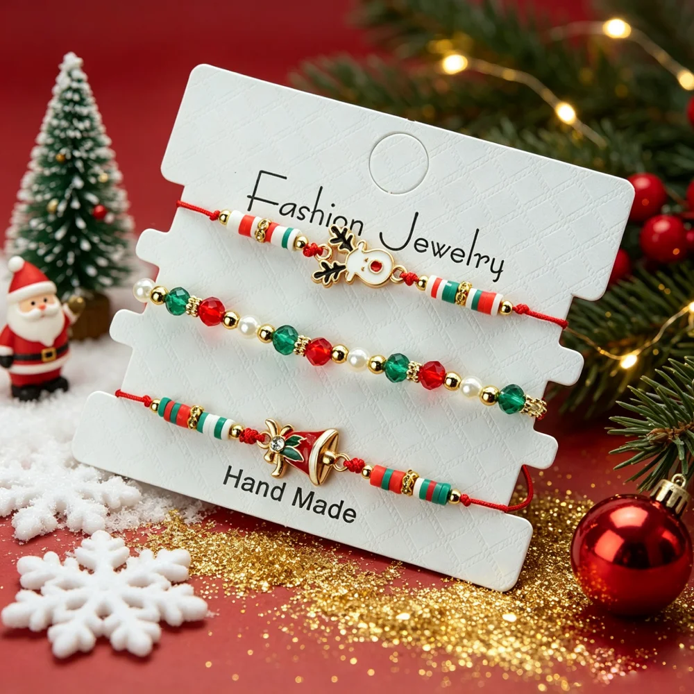 Noter Stylish 3Pcs Christmas Decoration Bracelet Unisex Handmade Santa Claus Snowman Cane String Braslet Luxury Beaded Braclet