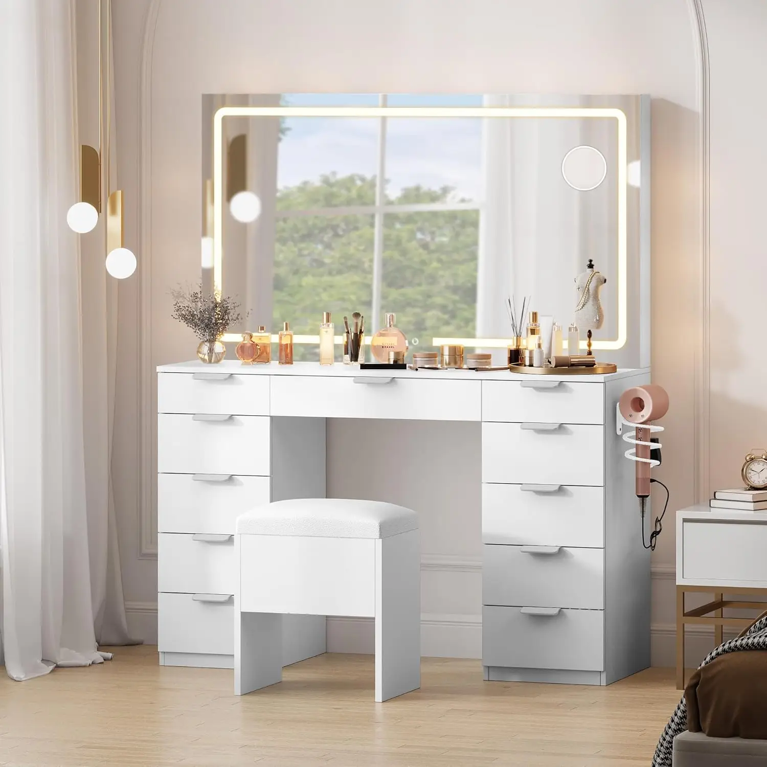  Makeup Vanity Set with LED Illuminated Mirror & Power Outlet, 46'' Cosmetics Vanity Desk Boasting 11 Drawers, Dressing