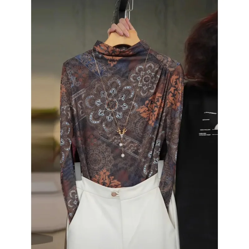 

Printed Pullover Stretch Mesh Clothes Autumn Winter New Belly Covering Versatile Tops
