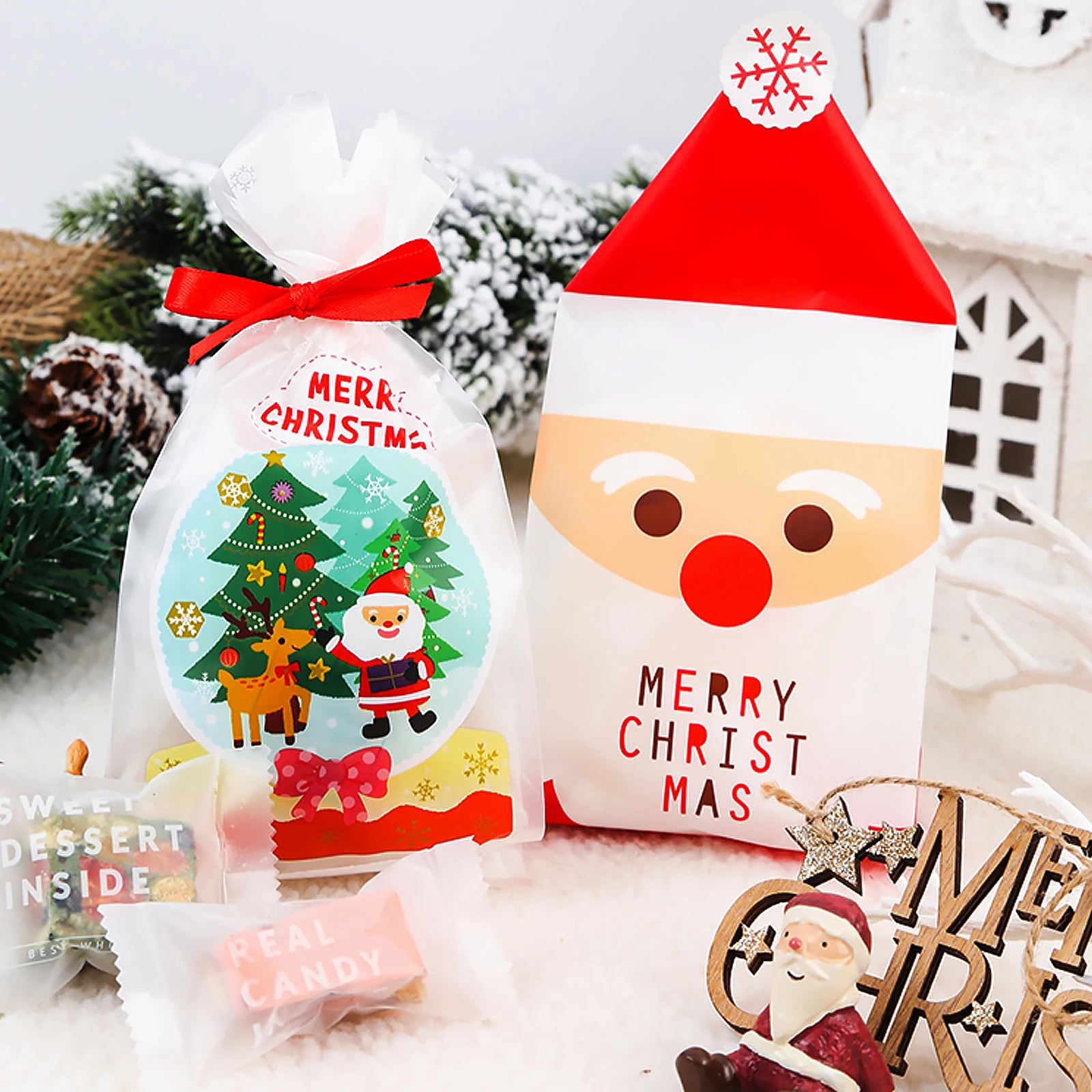 

50 PCS Christmas Gift Bag Packing Biscuit Candy Bags Plastic Birthday for Presents