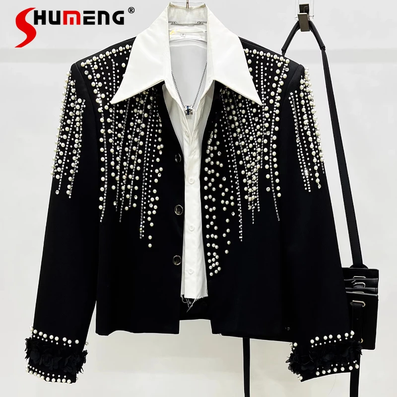 

Men's 2025 Autumn New Fashion Pearl Design Coats Male Stand Collar Jackets High-end Three-dimensional Flower Solid Color Jackets