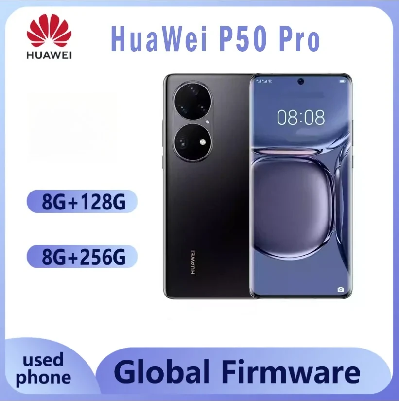 

Global firmware Huawei P50 Pro smartphone 6.6 inch 4360mAh curved screen Snapdragon 888 4G original color dual image used phone