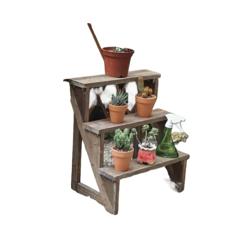 Three-layer stepped small flower stand Solid wood retro old balcony Garden potted plant rack against the wall