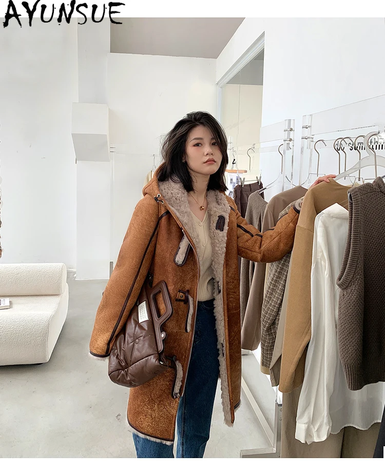 

AYUNSUE Genuine Leather Jacket Women 2025 Natural Sheepskin Fur Coats Warm Winter Clothes Female Fashion Hoodie Шуба Женская