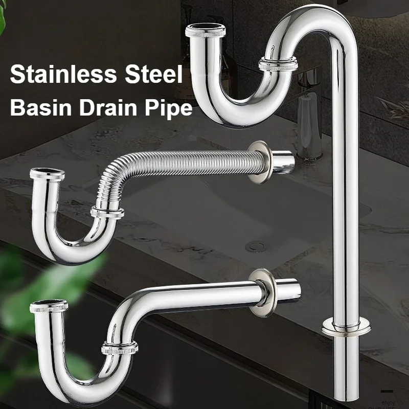 P-shaped Kitchen Sink Stainless Steel Drain Pipe WashBasin Drain Bathroom Stainless Steel Drain Pipe Elbow Drain Connection Pipe