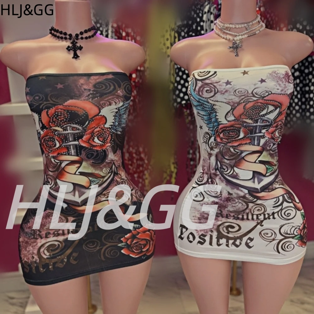 

HLJ&GG Sexy Hot Girl Rhinestone Bodycon Tube Dress Women Off Shoulder Sleeveless Backless Slim Vestidos Fashion Print Streetwear