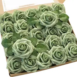 Artificial Flowers 25pcs Real Looking Elf Green Foam Fake Roses with Stems for DIY Wedding Bouquets Bridal Shower Centerpieces S