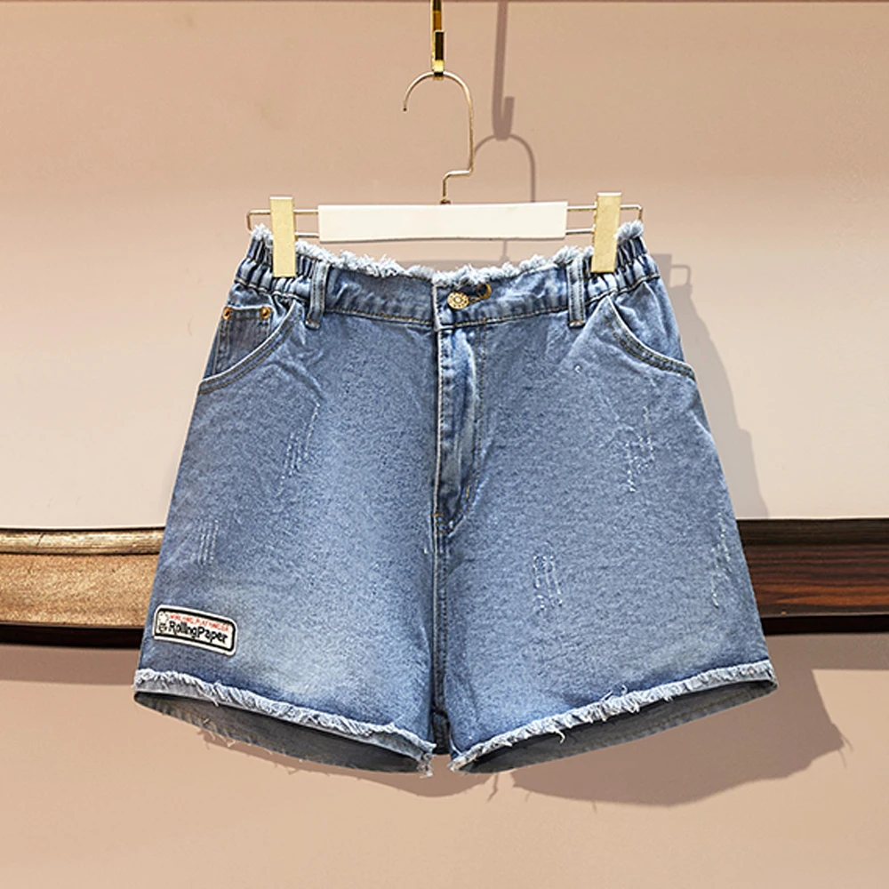 

Plus-size women's summer new casual loose fashion hairy edge high-waisted denim shorts elastic waist short wide-leg pants large