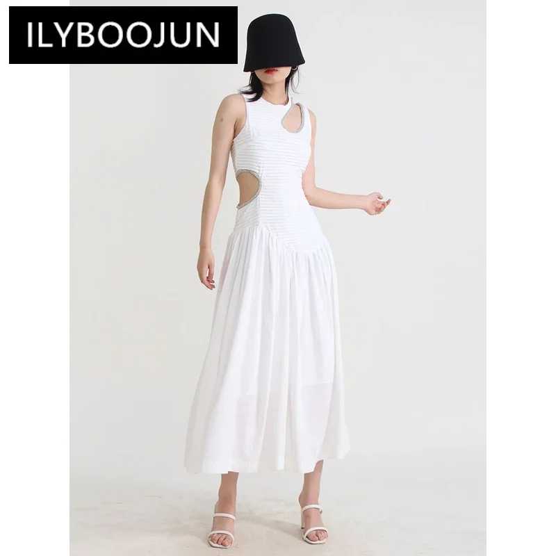 

ILYBOOJUN Hit Color Loose Dresses For Women Round Neck Sleeveless High Waist Temperament Dress Female Fashion Clothing New