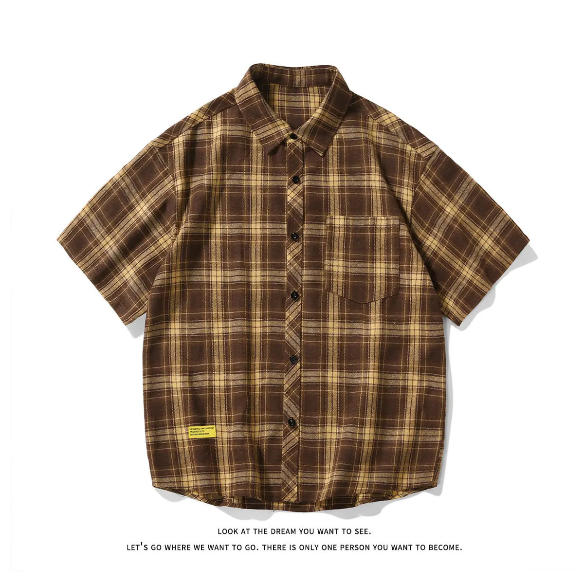 

Mens Short Sleeve Plaid Shirt Vintage Fashion Plus Size Original Label Loose Casual Streetwear Top