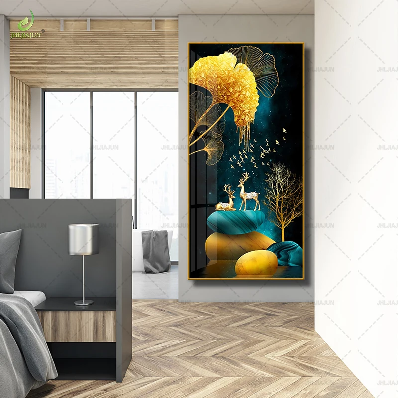 Golden Leaf and Deer Pattern Entrance Background Gold Frame Crystal Porcelain Mural Home Decoration LED Wall Art