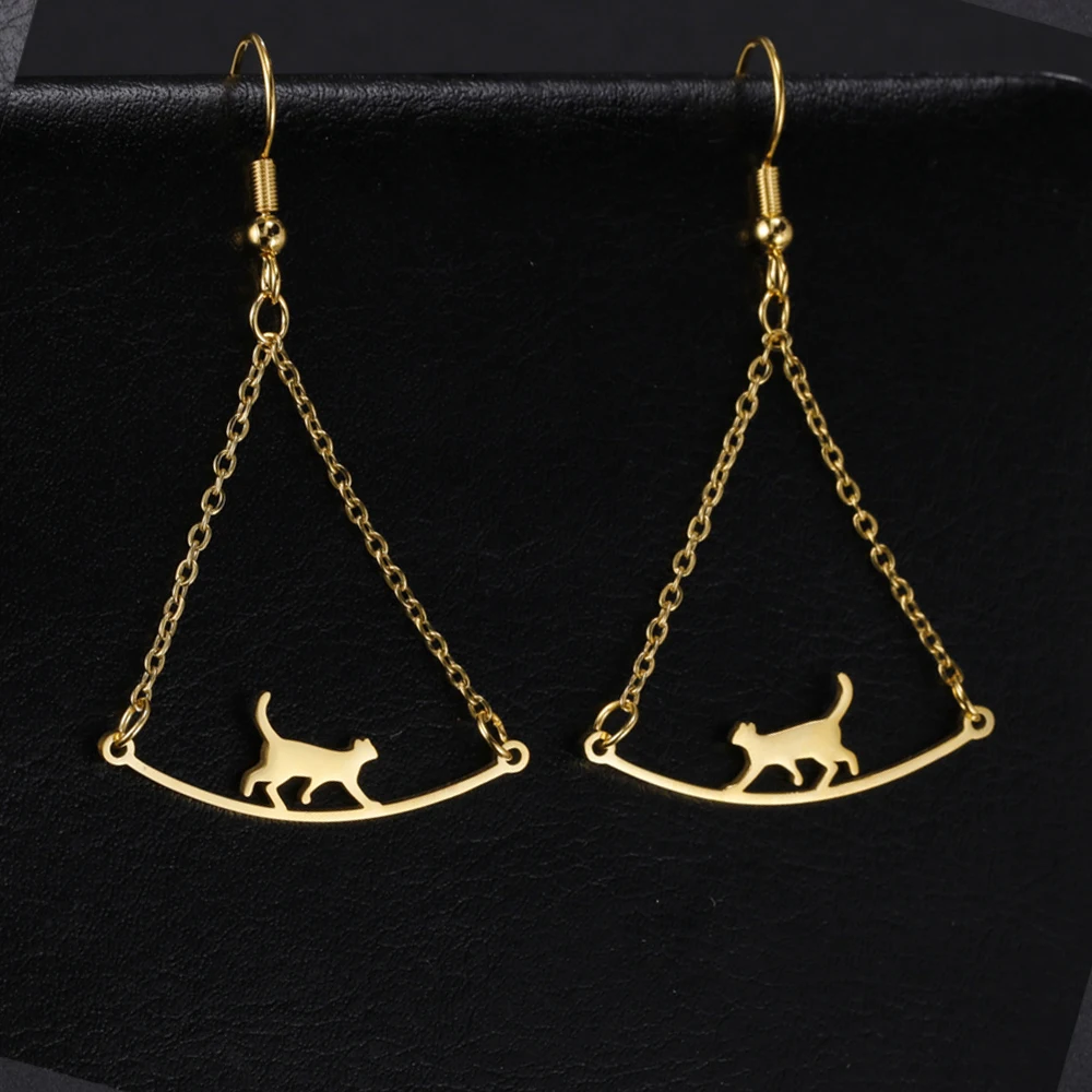 My Shape Cute Cat Earrings for Women Girls Stainless Steel Walking Cat Kitten Animal Pendant Drop Earrings Fashion Jewelry Gifts