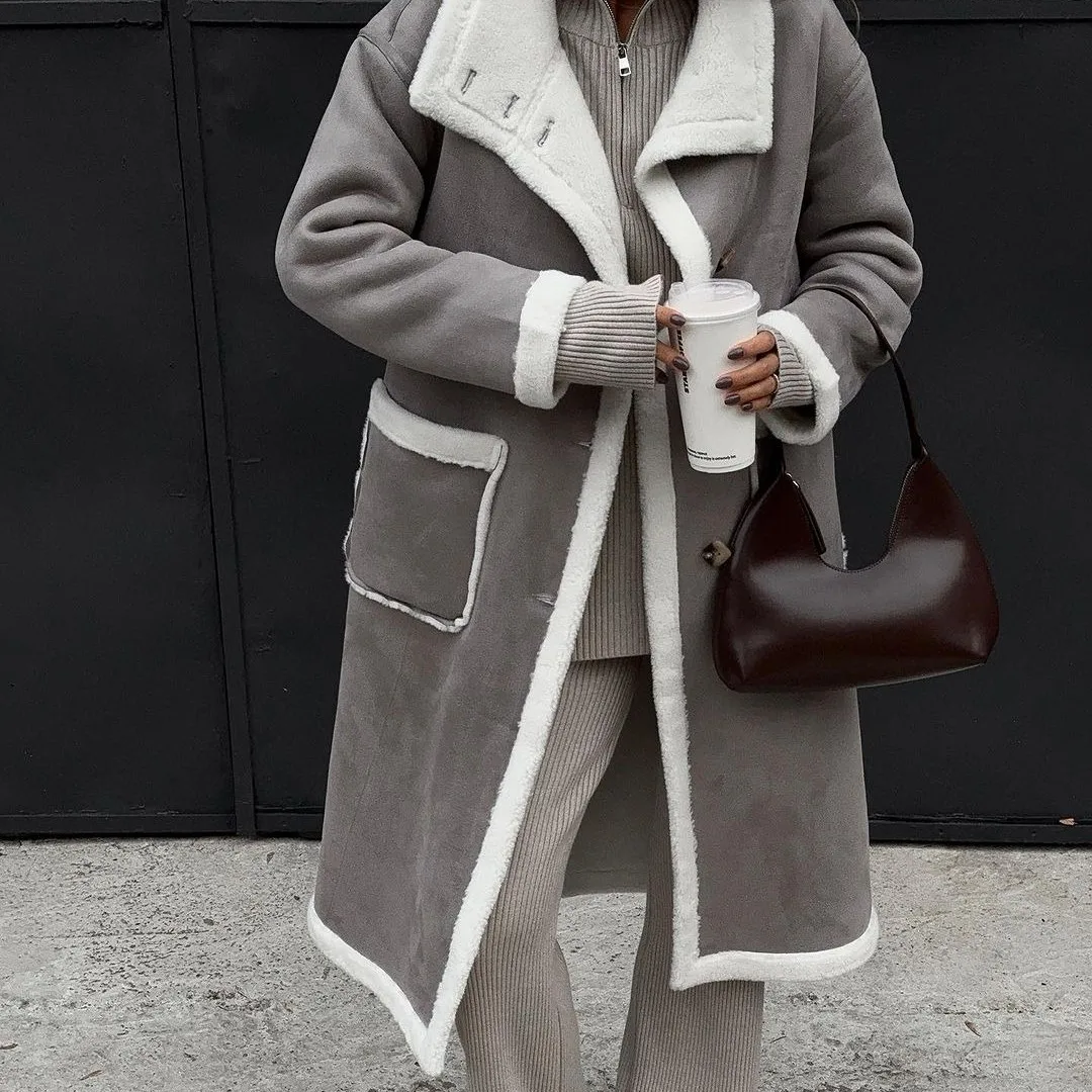 Gray Stitching Lambswool Faux Leather Long Coat Women Lapel Big Pockets Single Breasted Thick Warm Lady Coats Fashion Overcoat