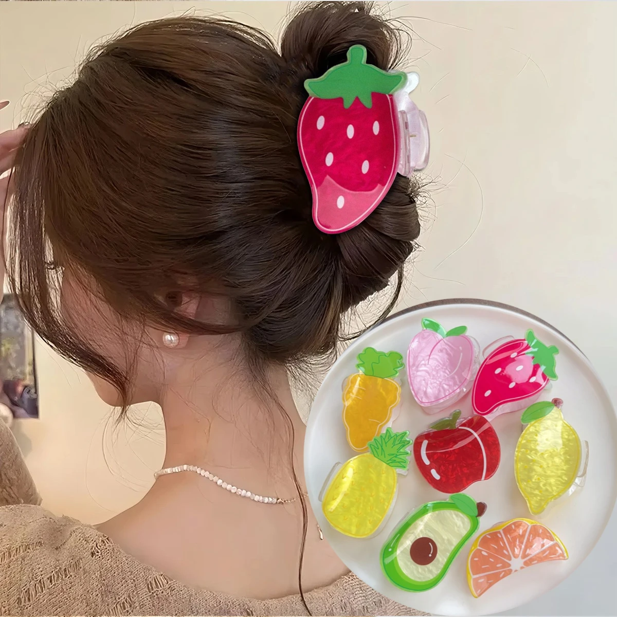 

Creative Fruit Series Grab Clip Fun Apple Peach Shark Clip Hair Grab Sweet Temperament Back Head Hairpin Jewelry for Woman