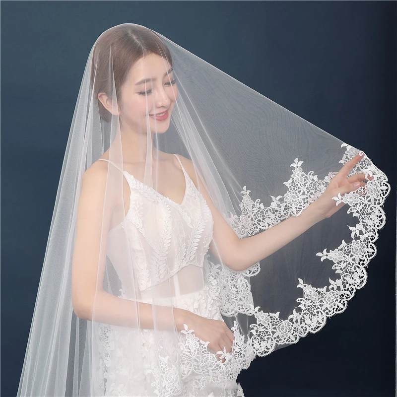 3M Long Veils Wedding Accessories Women Hairwear Engagement Hair Ornaments Appliqued Edge Double Layers Veil With Combs