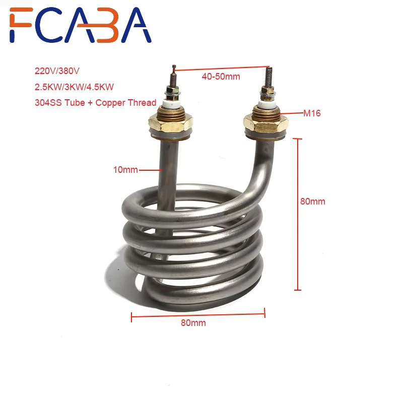 FCABA M16 Copper Thread 220V/380V Water Distiller Heater 304SUS Tube 2.5KW/3KW/4.5KW Water Boiler Replacement Heating Element