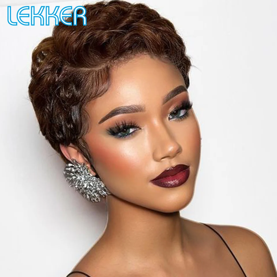 

Lekker Highlight Brown Short Pixie Cut Bob 13x1 Парики из 100% натуральных волос на кружеве для женщин Бразильские волосы Remy Бесклеевые парики