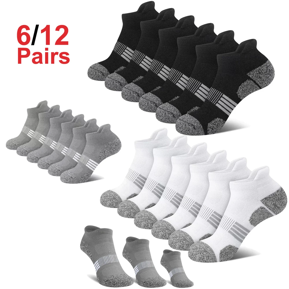 

Unisex Ankle Socks 6/12 Pairs Set - Black White Grey Heel Tab Thick Cushioned Sweat Wicking Breathable Anti-slip for Running