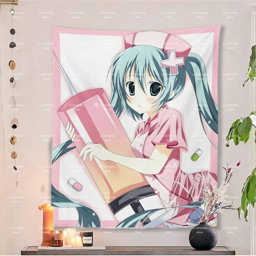 Hatsune Miku Wandteppich im Krankenschwester-Stil, rosa Anime-Wandbehang mit Twin-Tail-Girl-Spritzenmuster für Schlafzimmer, Wohnheim, Otaku-Dekoration – Detail 4