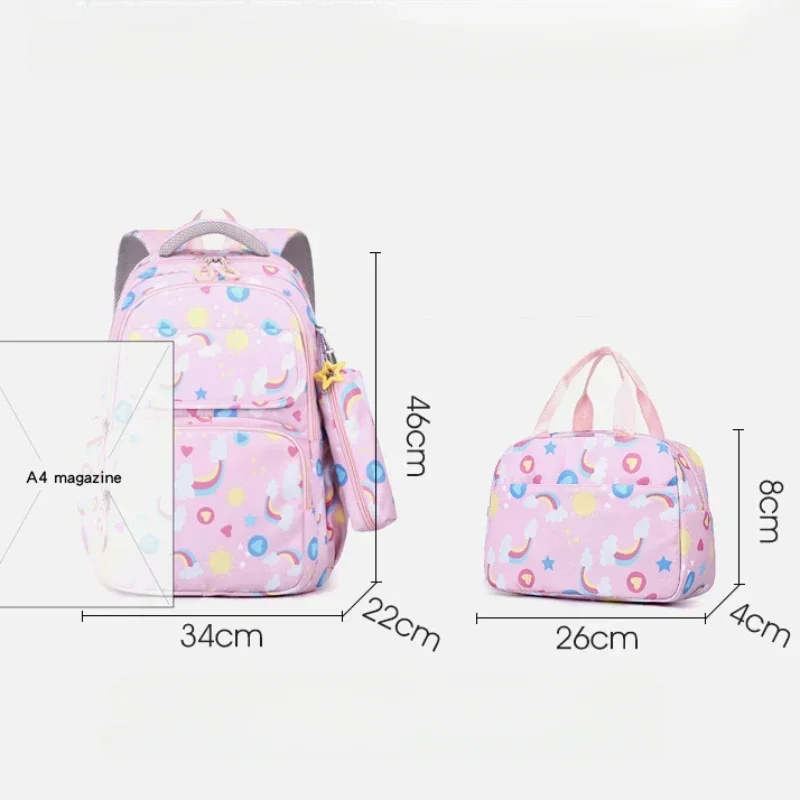 Mochila para meninas adolescentes, conjunto de livros escolares infantis para alunos elementares, mochila casual com lancheira, estojo para lápis, 3