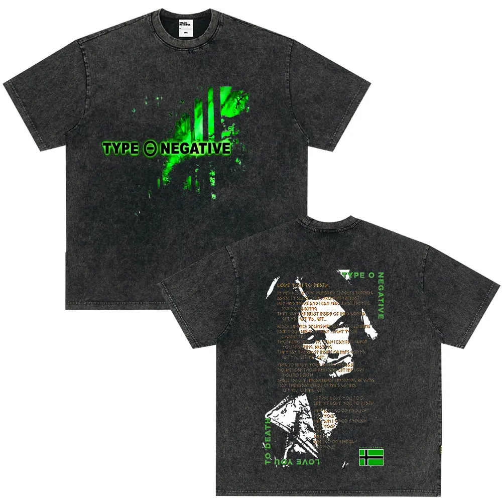 Rock Band Type O Negative The Green Man Vintage Washed T Shirt Gothic Metal Short Sleeve T-shirt Men\'s Vintage Hip Hop T Shirts