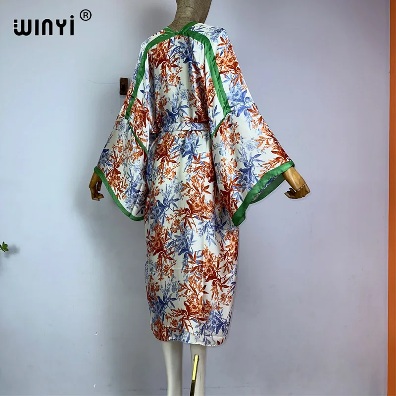 WINYI kimono artystyczny nadruk elegancka z wszytym paskiem stroje plażowe dla kobiet letnie stroje kąpielowe kobiety 2023 zakryć sukienka boho