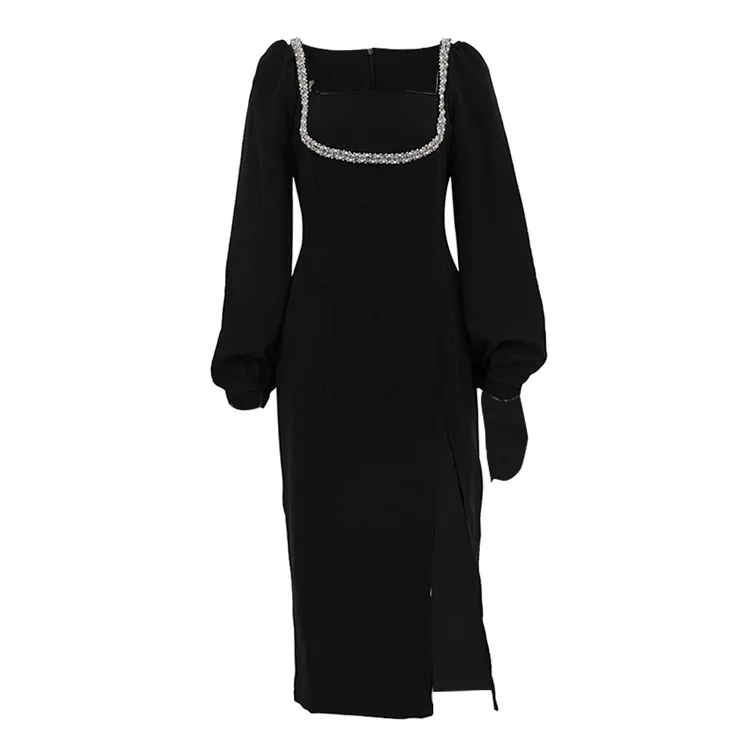 

2025 Elegant Spring Dresses Women Square Neck Rhinestone Evening Dress Lantern Sleeves Split Black Dress Party Ceremonial Gowns