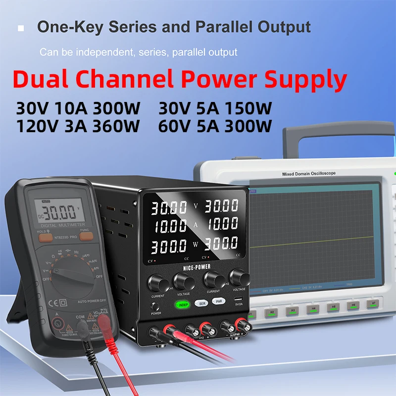 30V 10A Adjustable Dual Channel Lab DC Power Supply 60V 5A 120V 3A Laboratory Bench 2 Channel DC Regulated Power Supply Unit