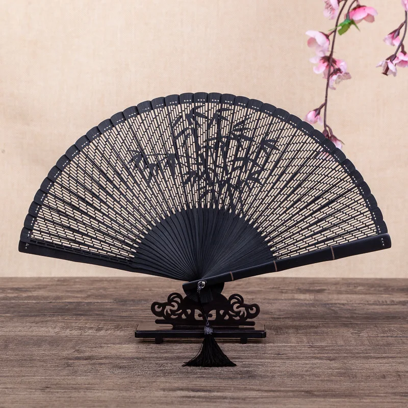 Vintage Bamboo Folding Fan with Carved Floral Pattern Chinese Style Hand Fan for Women Mini Use Portable Home Travel Office