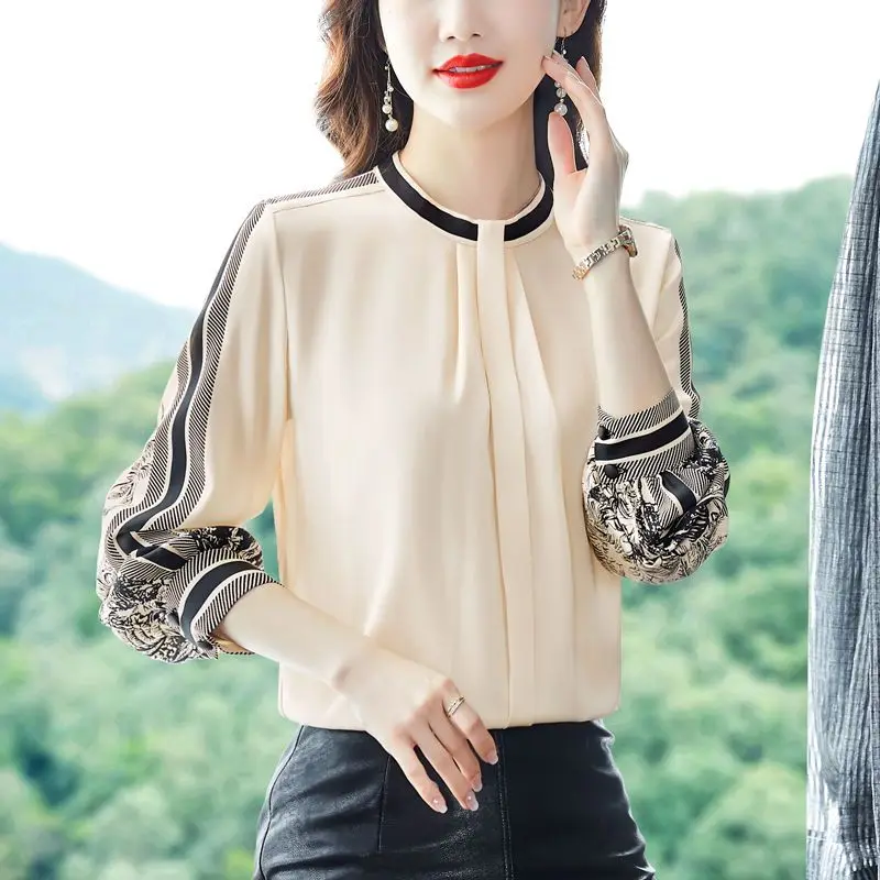 Women High Quality Satin Fashion Printed Vintage Blouses Office Lady Elegant Chic Shirts O Neck Long Sleeve Slim Tops Ropa Mujer