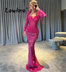 Hot Pink Heavy Beaded Elegant Arabic Long Sleeves Evening Dress Mermaid Prom Dress Women Wedding Party Gowns Robes De Soirée