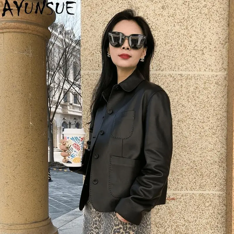 AYUNSUE Prawdziwa Skórzana Kurtka Damska z Koziej Skóry Naturalnej 2025 Czarny Płaszcz Skórzany Miękka Wiosenna Jesienna Odzież Jaqueta De Couro