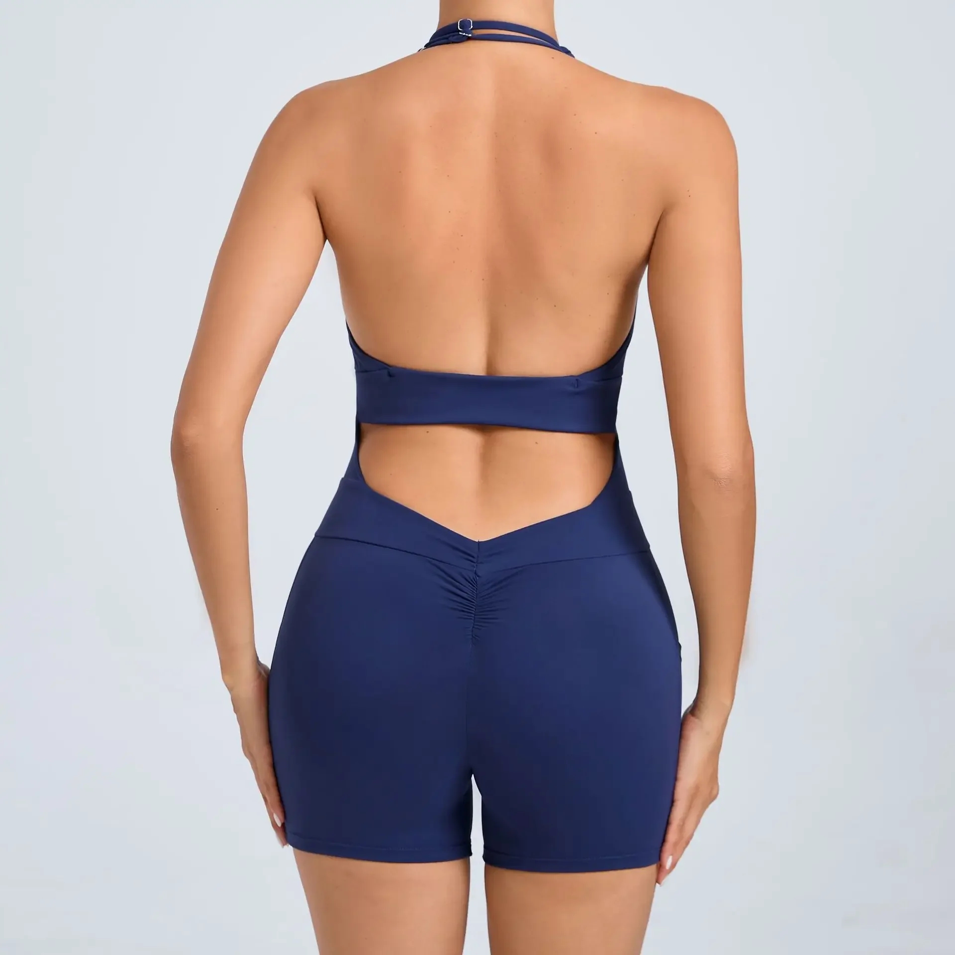 Seamless Yoga Jumpsuits Sports Fitness Halter Pockets Hip Rasie Dance Backless Training Workout Gym Shorts Tracksuits for Women