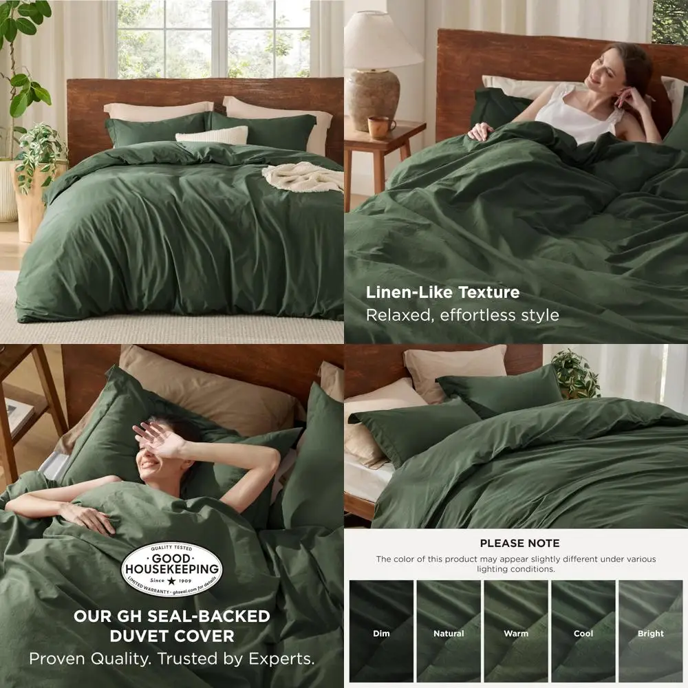 

100% Cotton Queen Duvet Cover - Olive Green Minimalist Style for All Seasons, Gentle and Washed Linen-Like Comfort