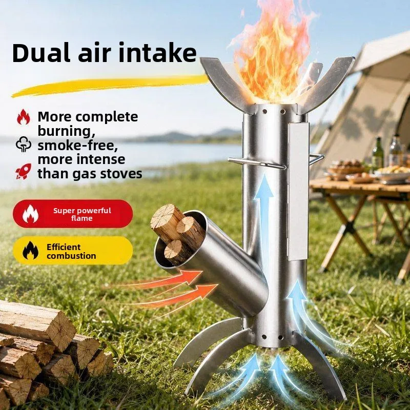 Portable Outdoor Camping Stove Rocket Stove Rural Home Use Fire Pit Warmth Wood Burning Stove Handheld Metal Handle Cold Roll...