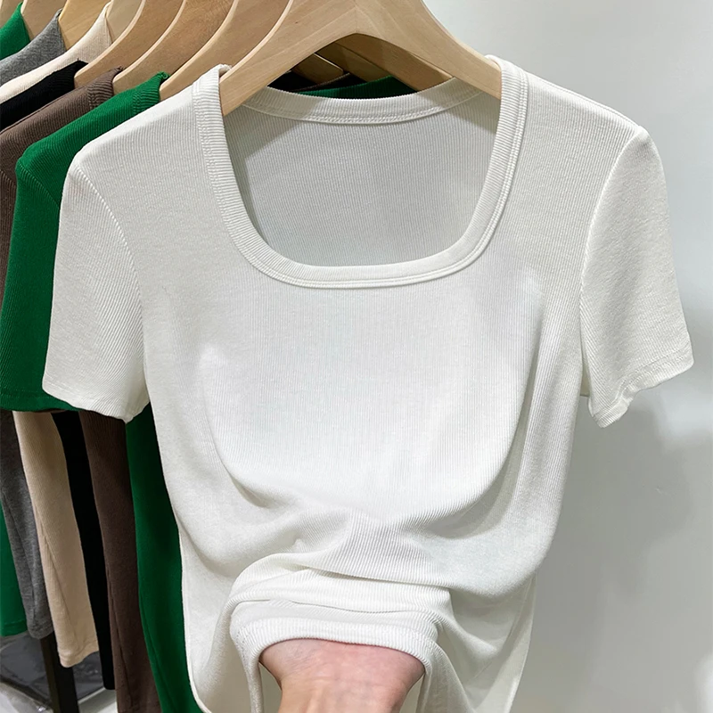 Slim Fit Square Collar Short Sleeve T-Shirt Women's Fashionable European Style Threaded Bandeau Top Thin Polyester Blend