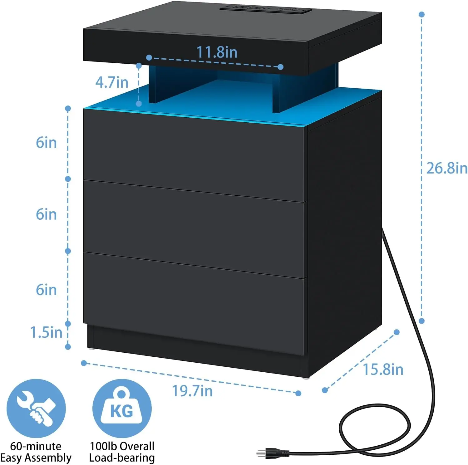 LED Nightstand with Wireless Charging Station 2 Outlets USB Port Type C Black Bedside Table with 3 Drawers Modern Smart LED Nigh