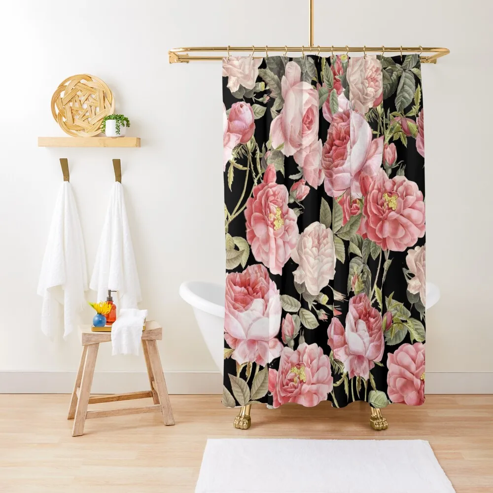 

Pink Vintage Roses on Black Shower Curtain Elegant Bathroom Funny Shower Transparent Bathroom Shower Curtain