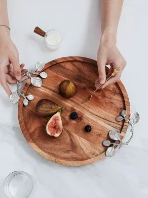 High-end Vintage Decorative Fruit Plate Solid Wood Tray Kitchen Dishes with Copper Handle Dia 30cm Elegant Serving Tray